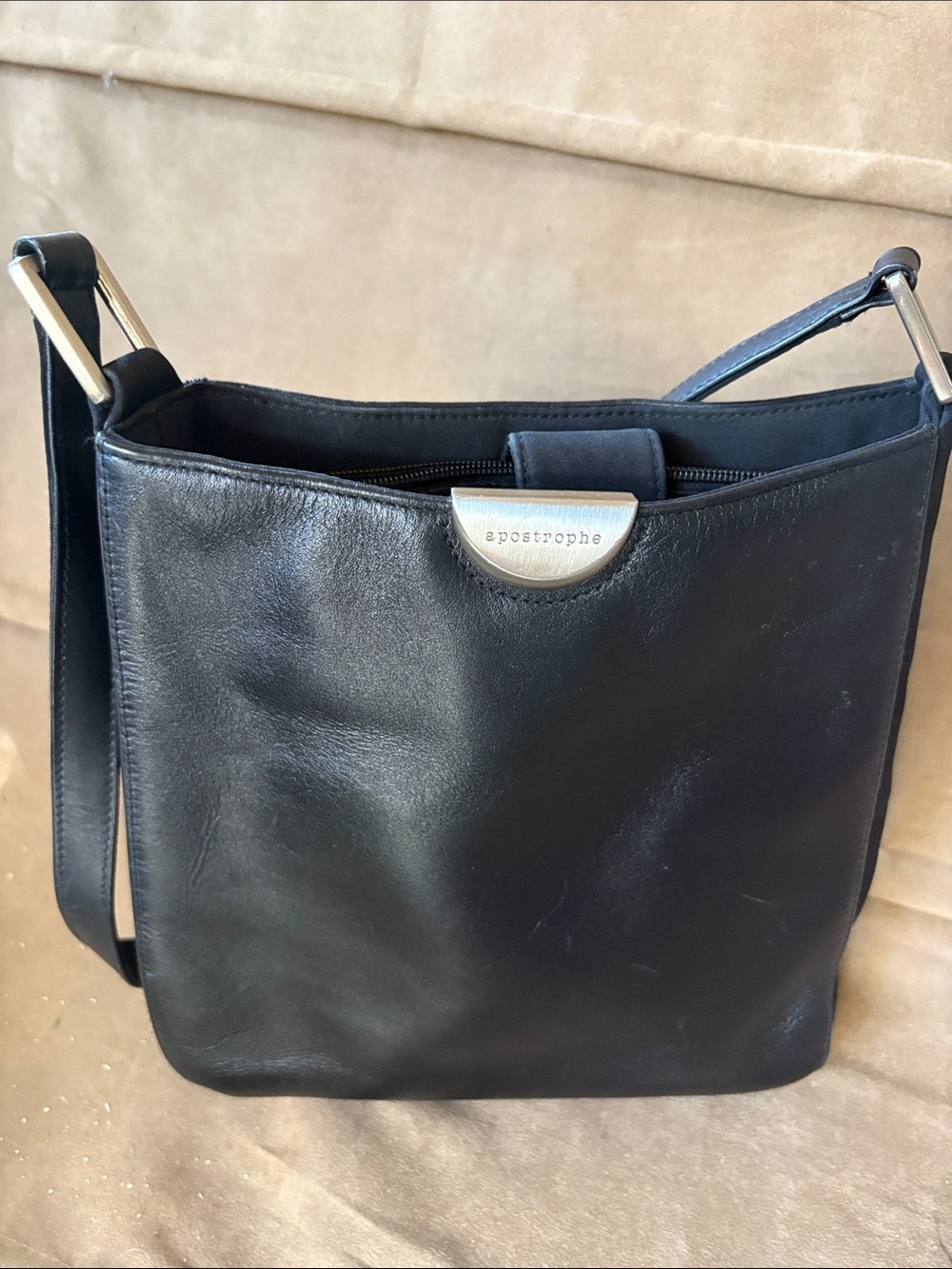 Apostrophe Black Leather Crossbody Shoulder Bag with Silver Hardware
